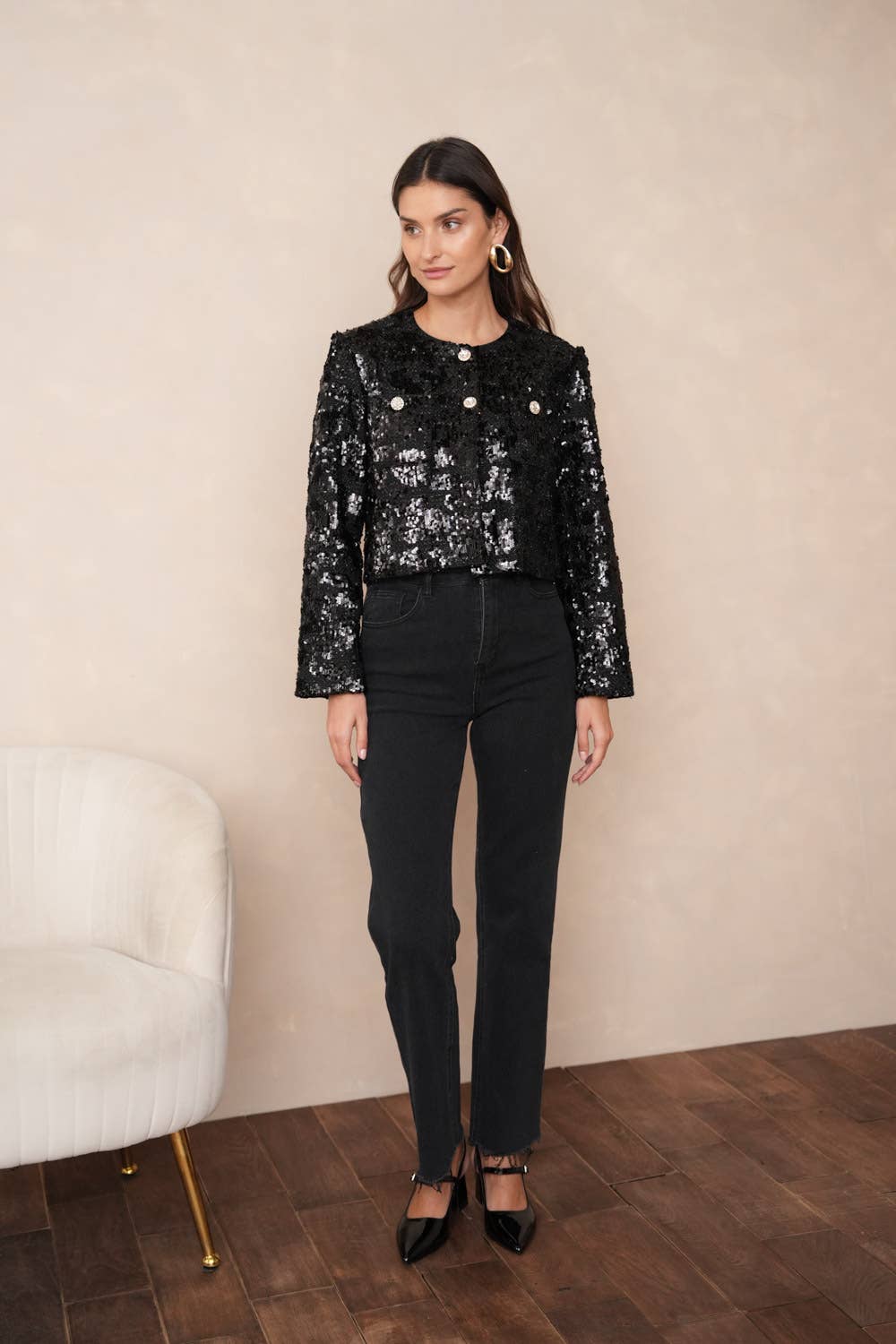STUNNING BLACK SEQUIN CROPPED BOLERO VEST BY CHOKLATE PARIS