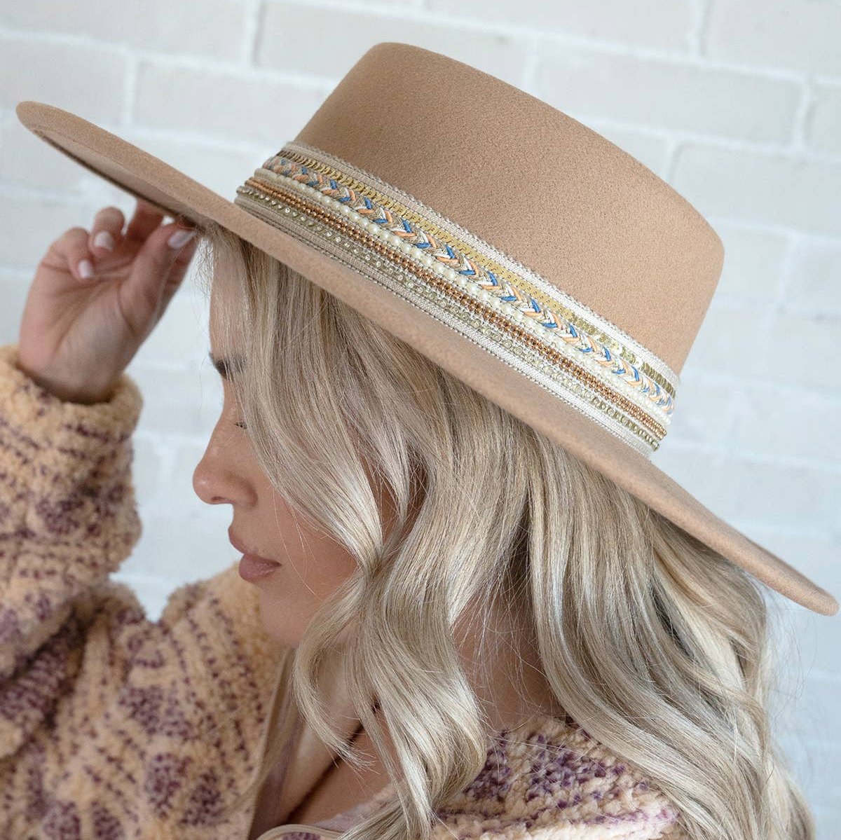 TAN COLORED WIDE BRIM HAT WITH BOHO BEADED BAND
