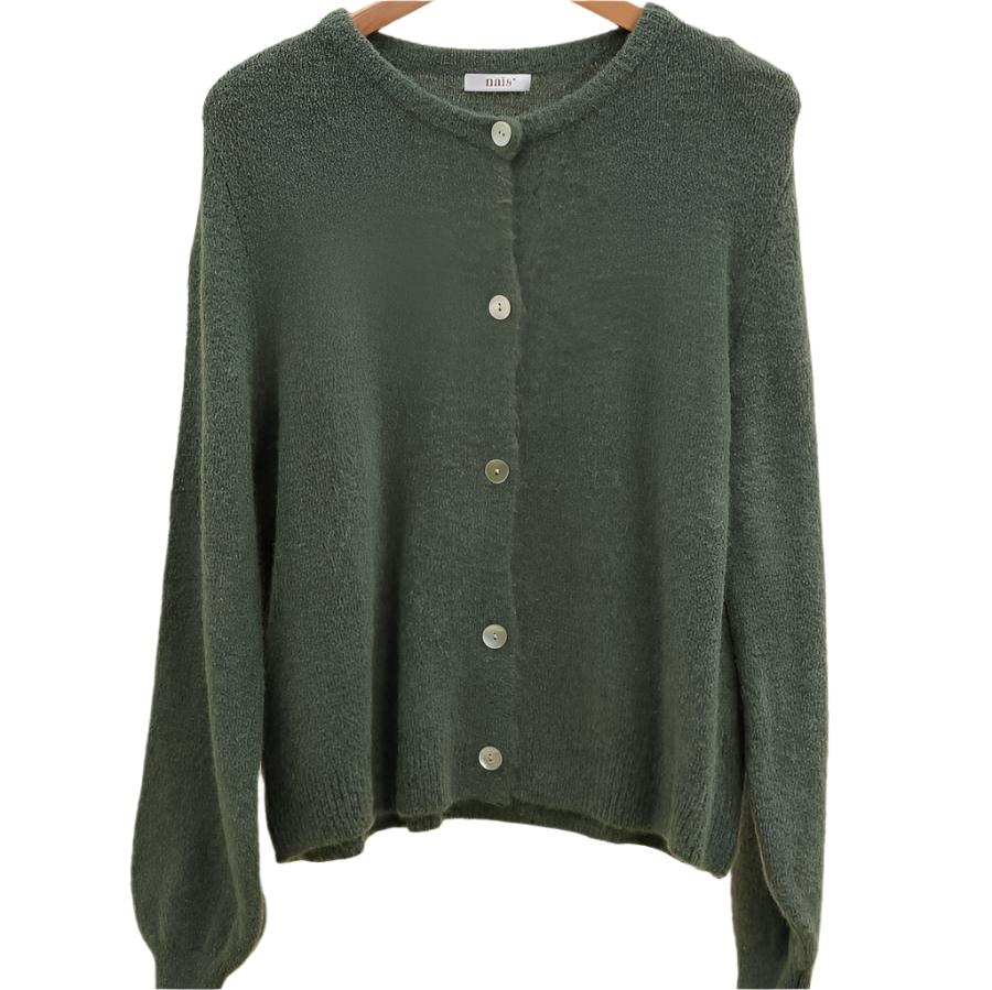 LIGHT FOREST SUPER FINE ALPACA SHORT BUTTON CREW NECK CARDIGAN BY NAIS PARIS