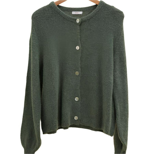 LIGHT FOREST SUPER FINE ALPACA SHORT BUTTON CREW NECK CARDIGAN BY NAIS PARIS