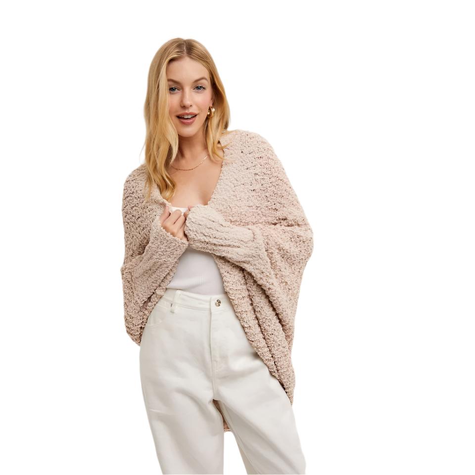 ALMOND COLORED CHUNKY POPCORN KNIT OPEN FRONT SWEATER DOLMAN