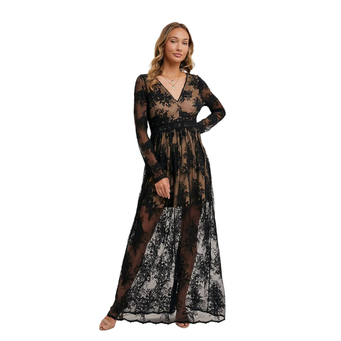 BOHO FLORAL BLACK LACE V-NECK MAXI DRESS WITH LINING by BluIvy available at Loudoun Boutique in Northern Virginia Leesburg