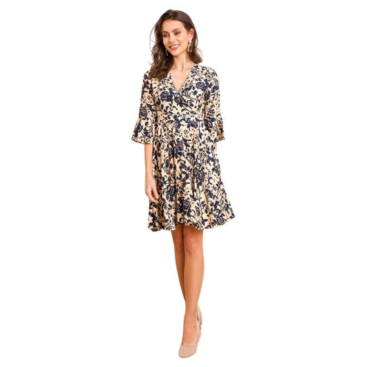 Bell sleeve floral print dress in navy and beige by Choklate Paris - available online at Loudoun Boutique