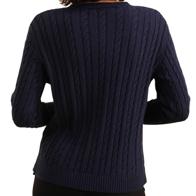 Breathable and timeless navy blue cotton cable knit crew sweater