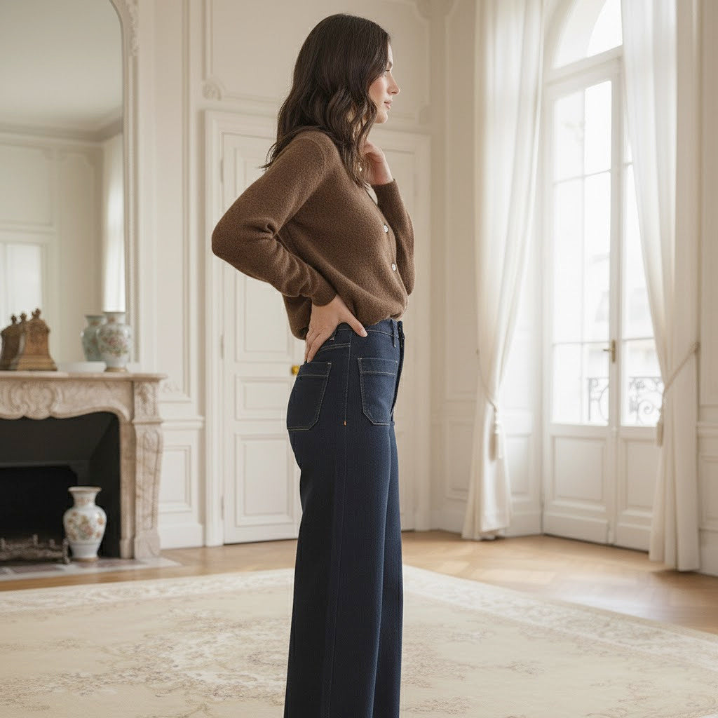 CHOCOLATE SUPER FINE ALPACA SHORT BUTTON CREW NECK CARDIGAN BY NAIS PARIS