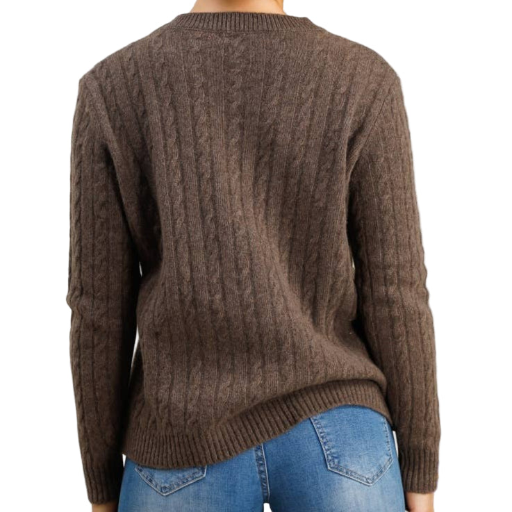 Cable Knit Crew Neck Merino Wool Sweater in Taupe