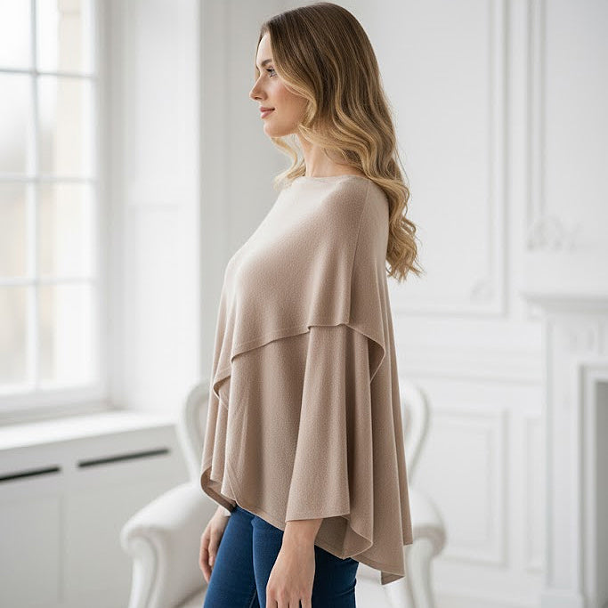 DARK BEIGE CASHMERE AND WOOL PONCHO SWEATER BY NAIS PARIS