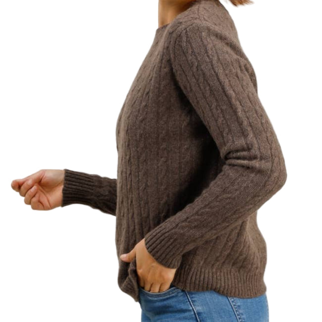 Italian made cable knit crew neck merino wool sweater in light brown