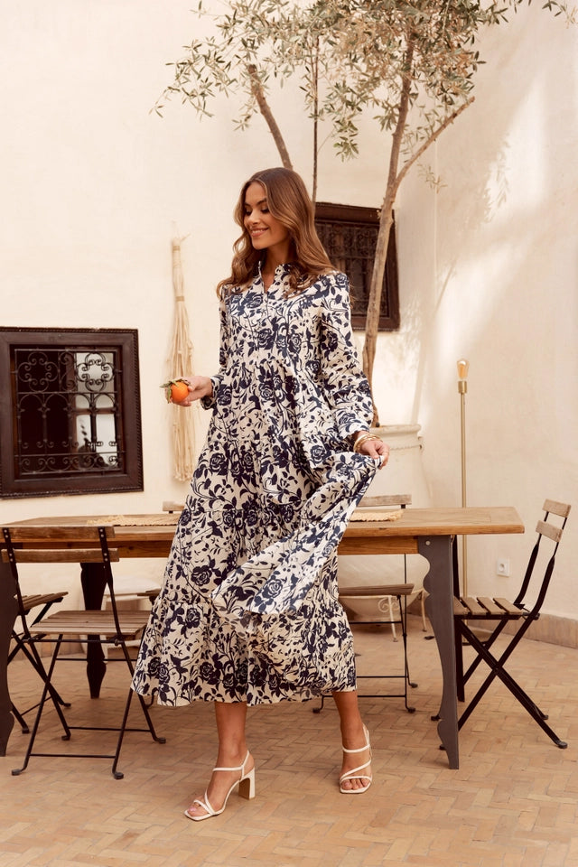 MARBELLA FLORAL NAVY AND ECRU COTTON LONG DRESS by Choklate Paris