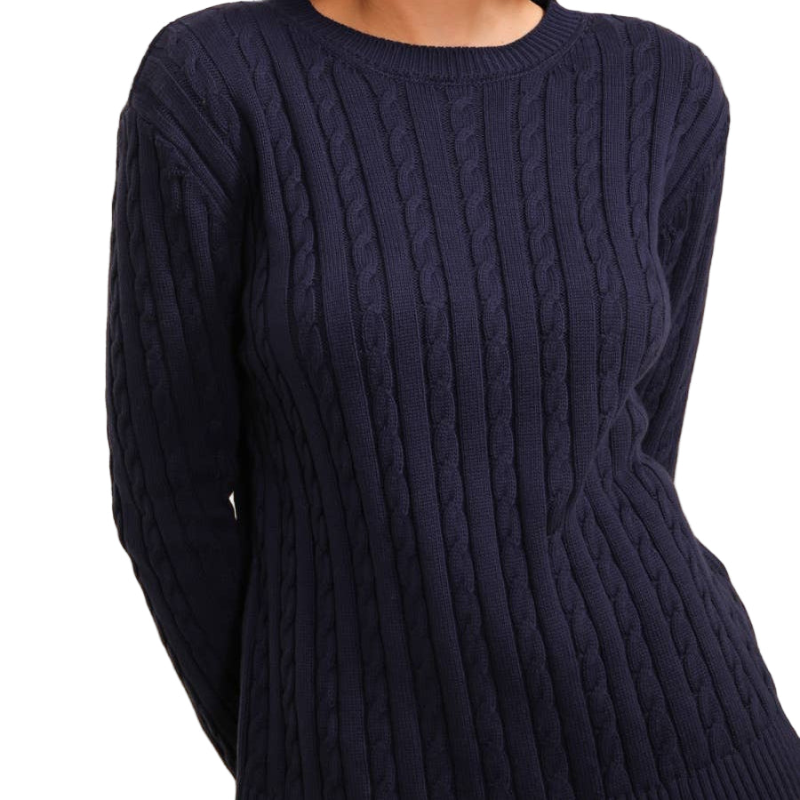 Navy blue pure cotton classic cable knit crew sweater. Unrivaled comfort and timeless style for any occasion