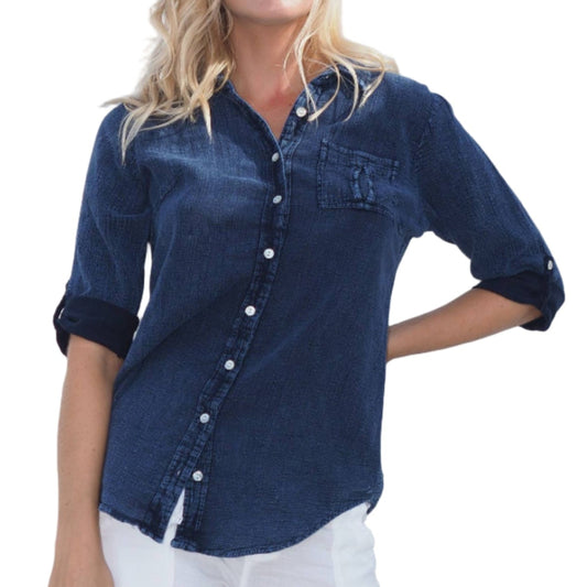 Premium Pima Cotton Denim Long Sleeved Button Up Collared Top