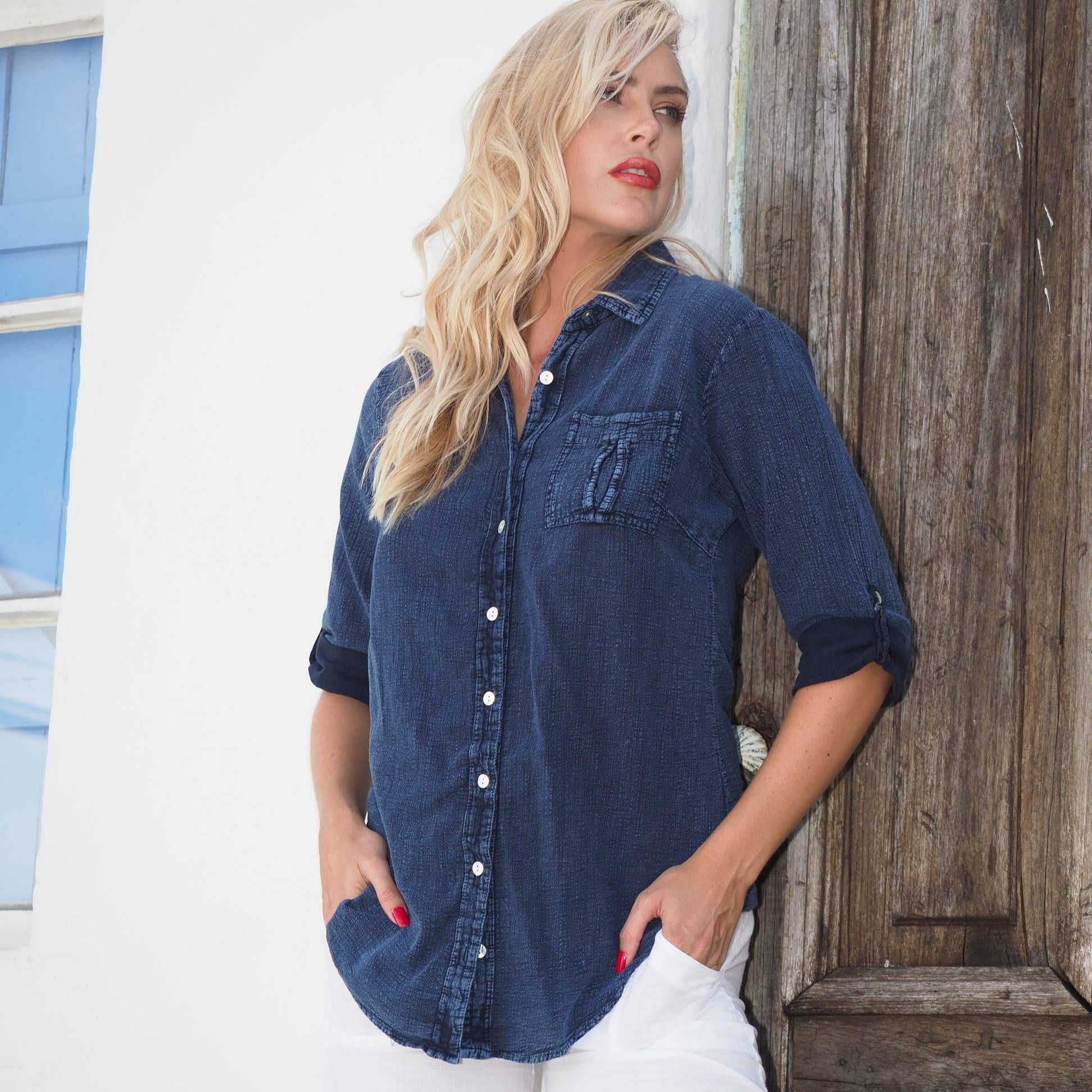 The perfect Fall top with this Premium Pima Denim Collared Button Up