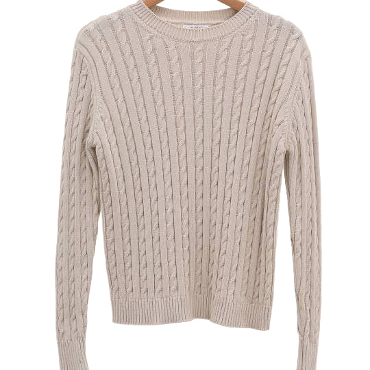Rich neutral tone heritage cable-knit crew neck sweater made in Italy