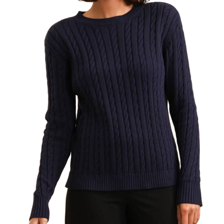 Soft iconic navy blue pure cotton classic cable knit crew sweater