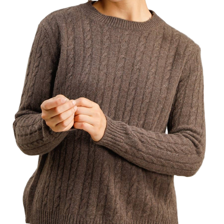 Taupe color extra fine Merino wool cable knit crew neck sweater