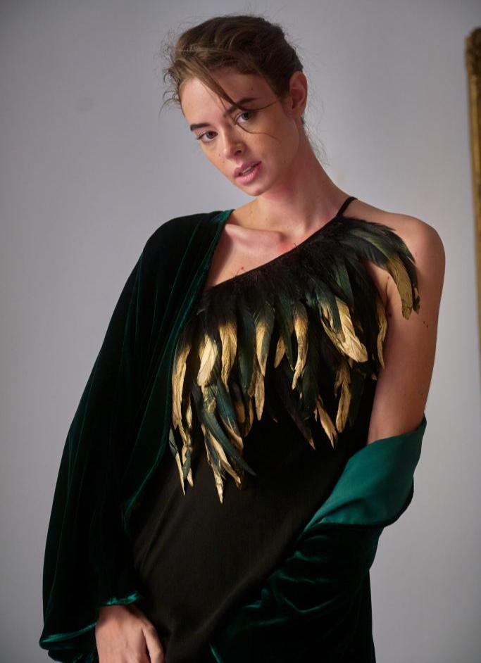 ELEGANT BLACK LONG DRESS WITH PAINTED FEATHER NECKLINE BY T.BA MADRID