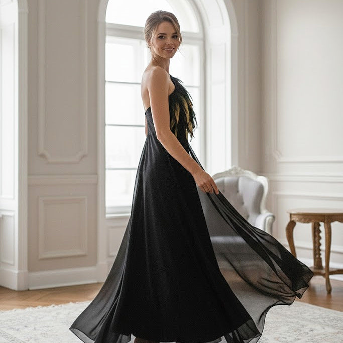 ELEGANT BLACK LONG DRESS WITH PAINTED FEATHER NECKLINE BY T.BA MADRID