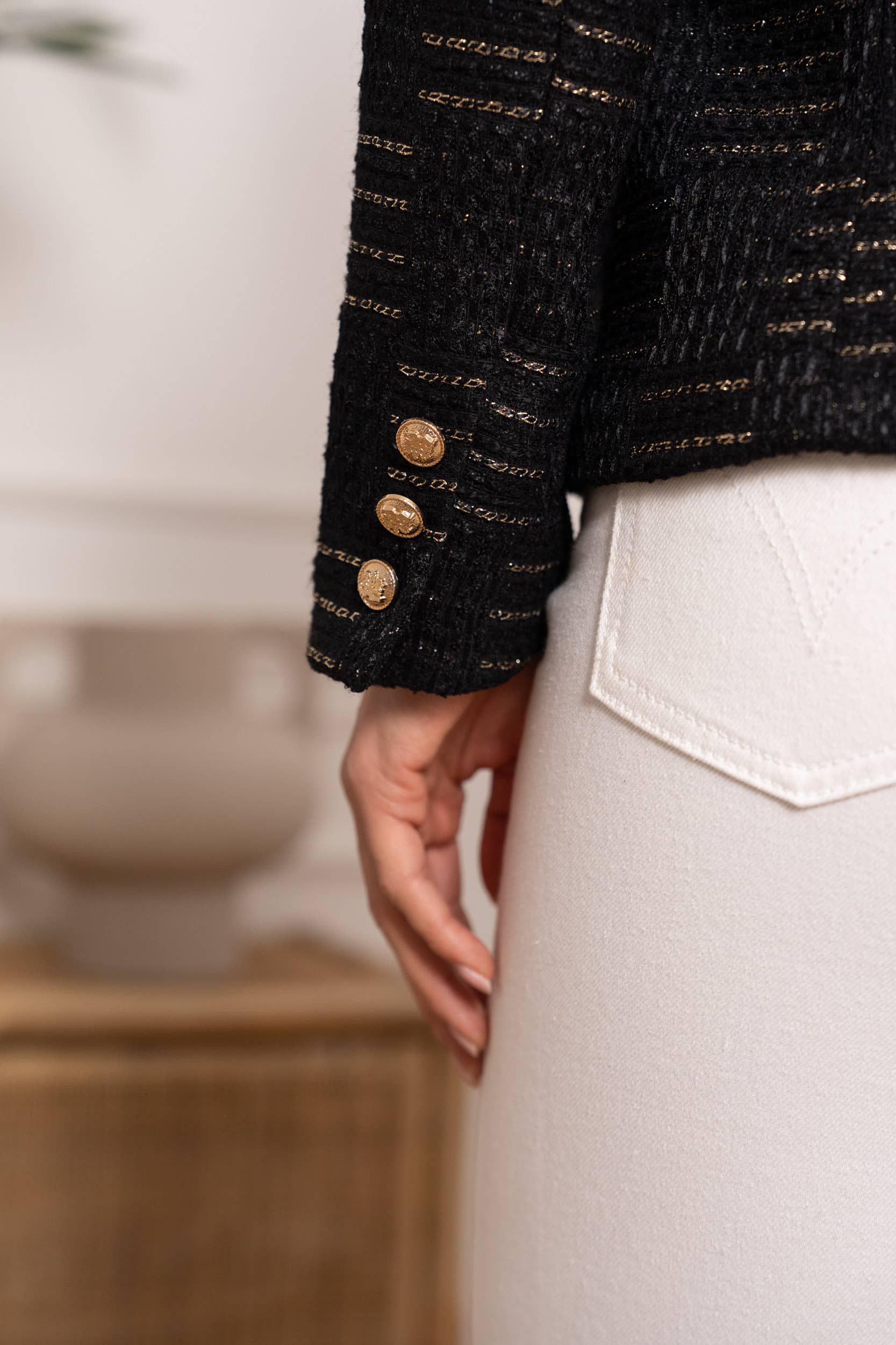 DOUBLE BREASTED BLACK AND GOLD TWEED BLAZER BY CHOKLATE PARIS