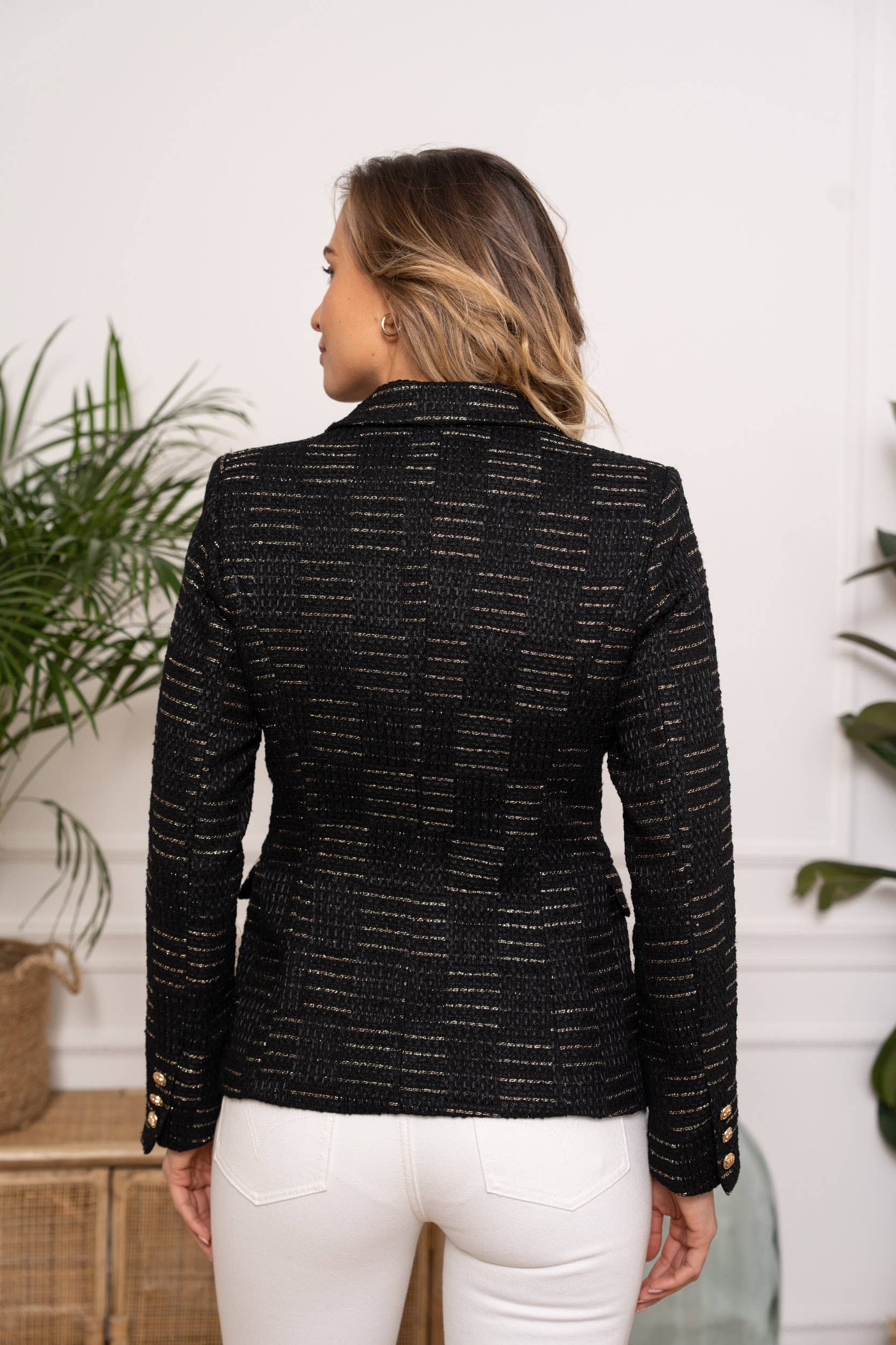 DOUBLE BREASTED BLACK AND GOLD TWEED BLAZER BY CHOKLATE PARIS
