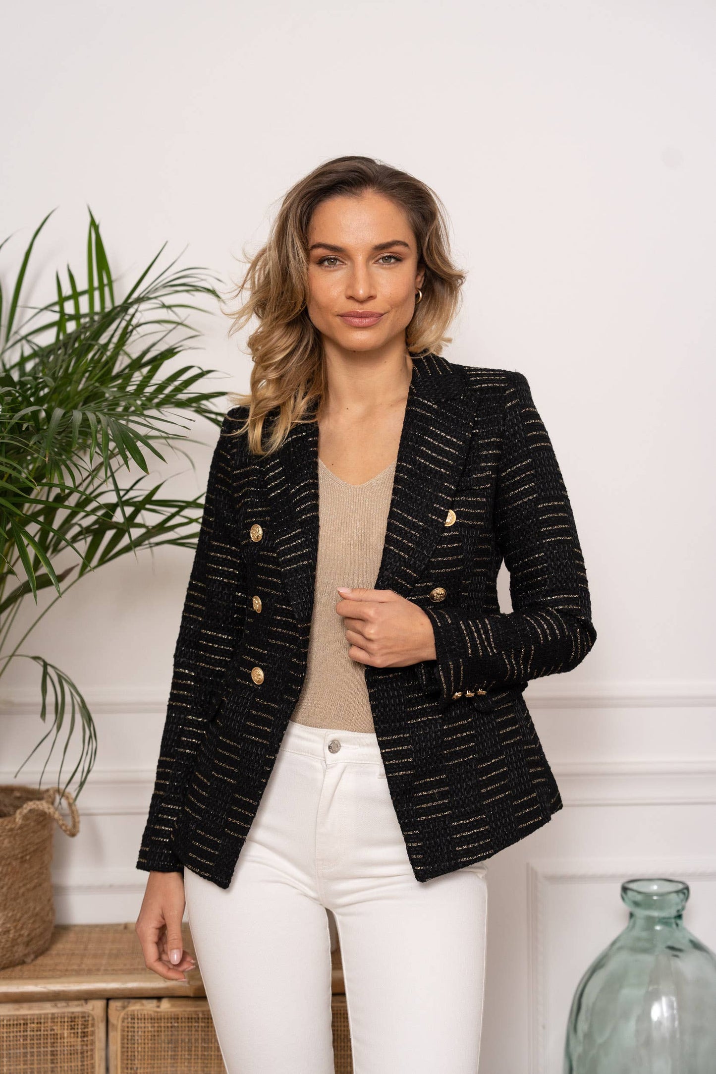 DOUBLE BREASTED BLACK AND GOLD TWEED BLAZER BY CHOKLATE PARIS
