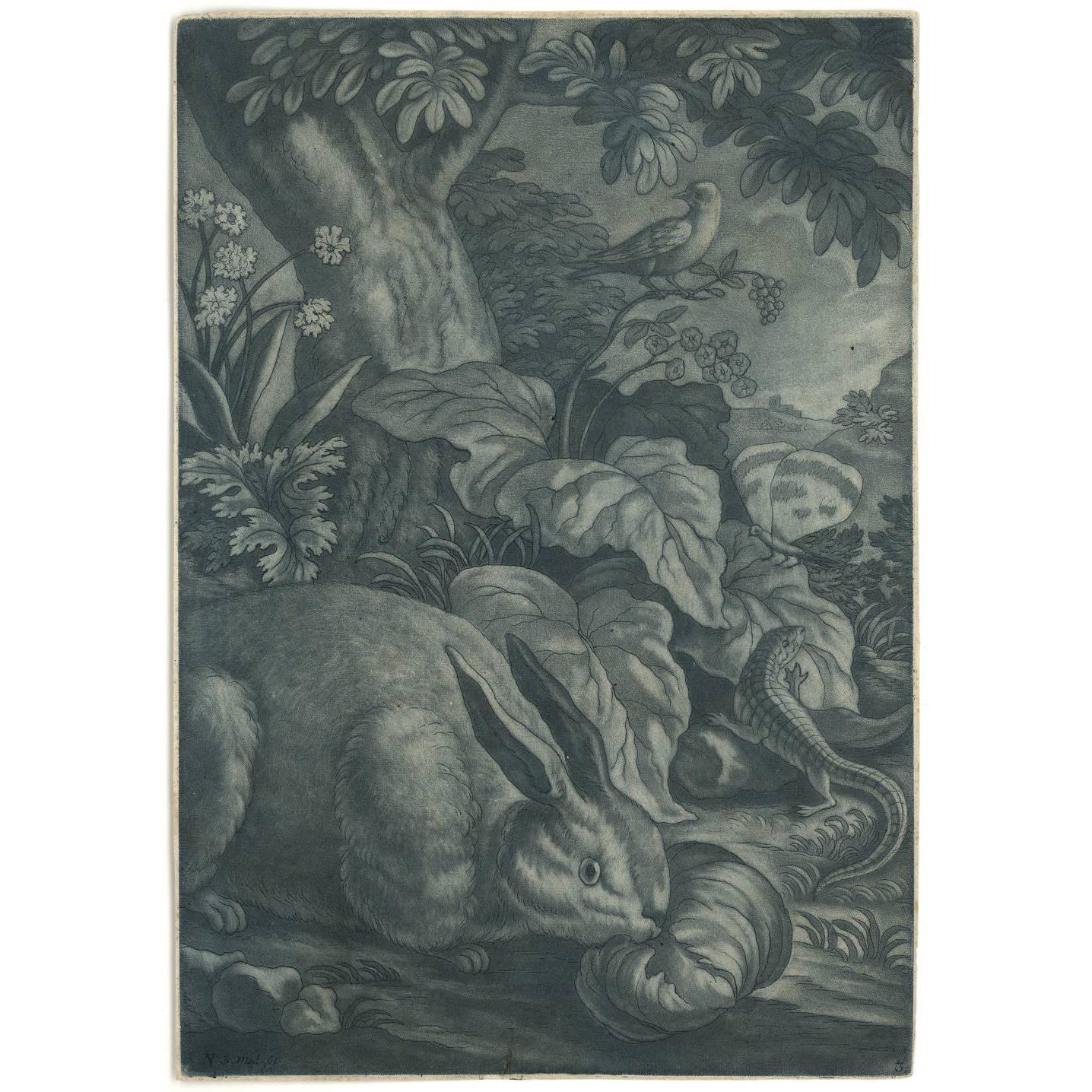 Early 18th century Mezzotint of a nature scene with a rabbit lizard bird and butterfly