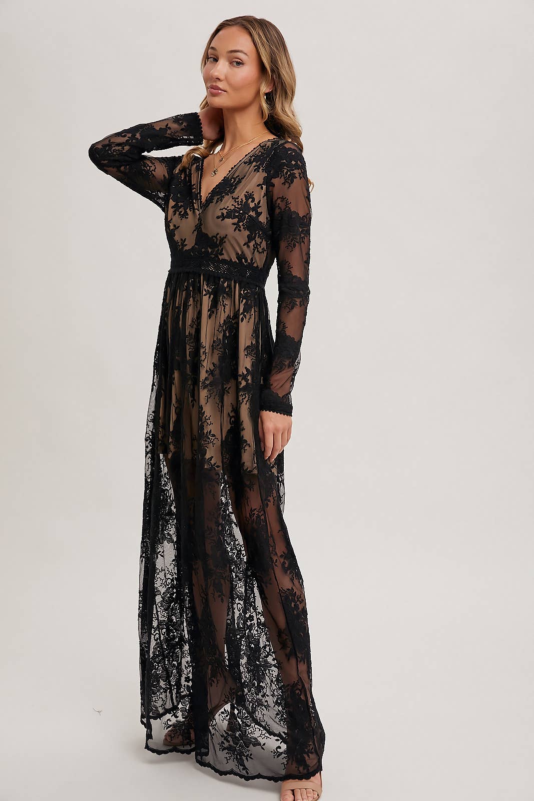 BOHO FLORAL BLACK LACE V-NECK MAXI DRESS WITH LINING by BluIvy available at Loudoun Boutique in Northern Virginia Leesburg