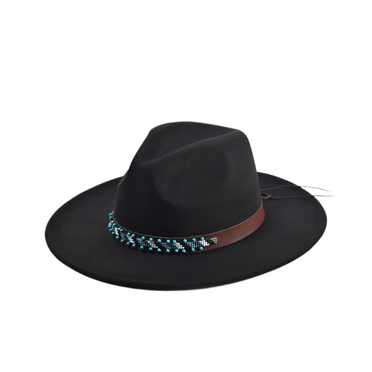 Black Faux Suede Boho Fedora with Turquoise Beaded Band