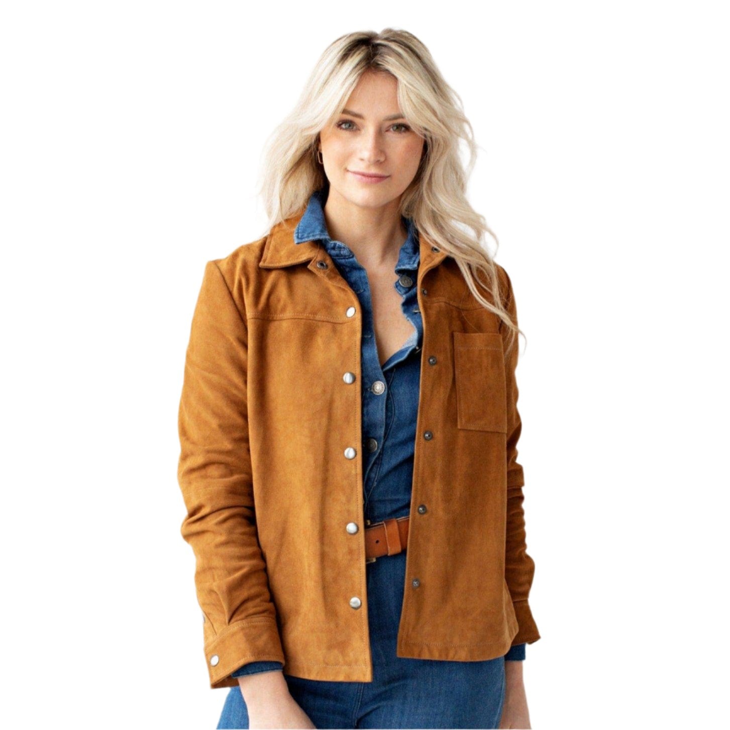 WOMENS DAKOTA DESIGN SUEDE LEATHER SHIRT JACKET IN COGNAC BY AMSTERDAM HERITAGE