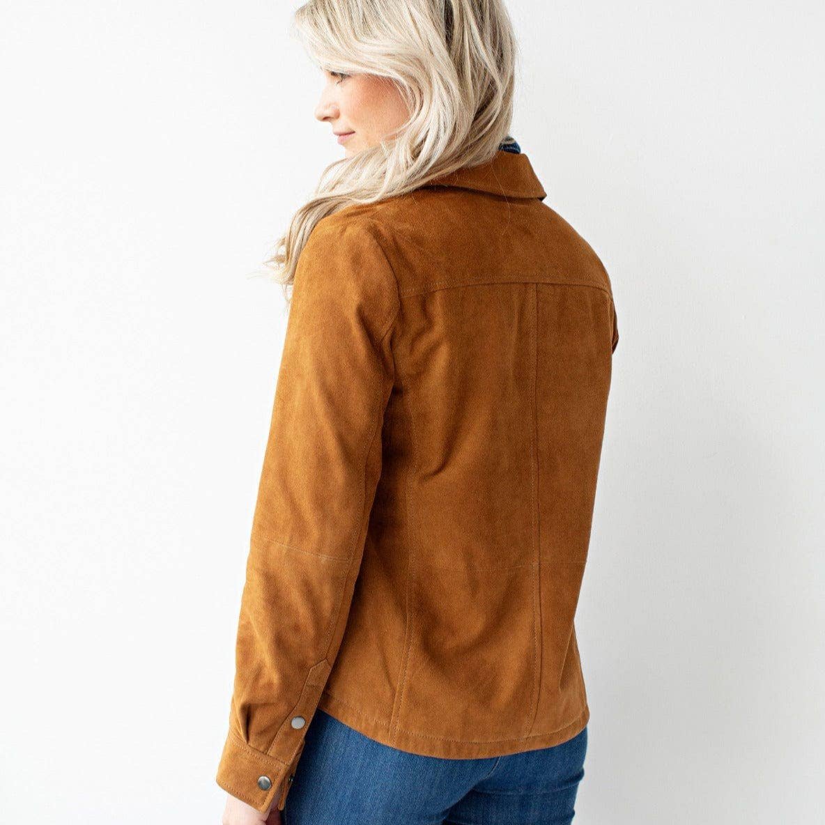 WOMENS DAKOTA DESIGN SUEDE LEATHER SHIRT JACKET IN COGNAC BY AMSTERDAM HERITAGE