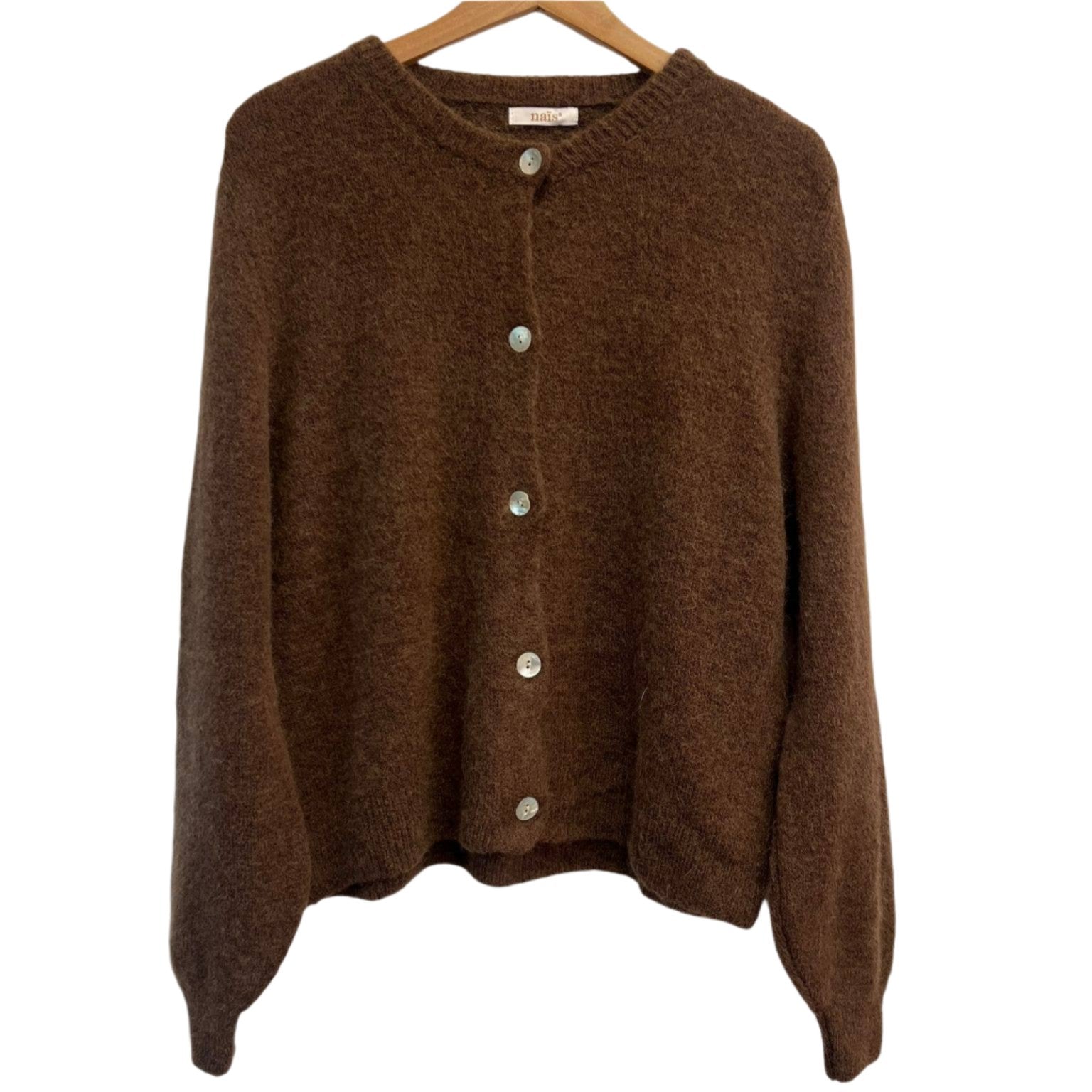 CHOCOLATE SUPER FINE ALPACA SHORT BUTTON CREW NECK CARDIGAN BY NAIS PARIS