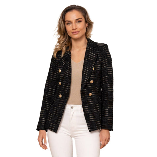 DOUBLE BREASTED BLACK AND GOLD TWEED BLAZER BY CHOKLATE PARIS