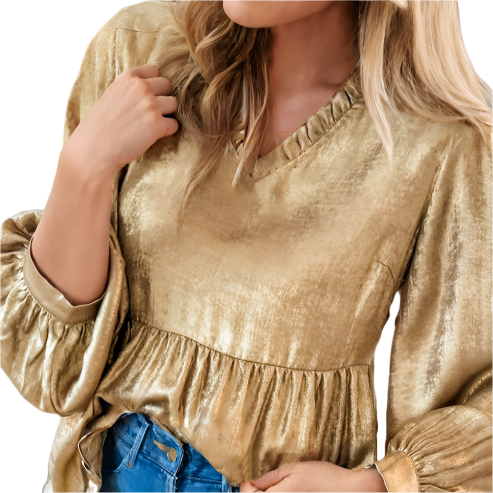 METALLIC GOLD FRILLED V NECK BLOUSE WITH PUFFY SLEEVES