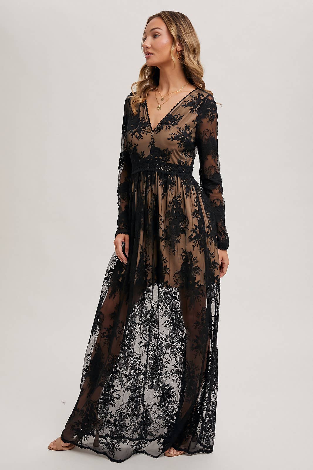 BOHO FLORAL BLACK LACE V-NECK MAXI DRESS WITH LINING by BluIvy available at Loudoun Boutique in Northern Virginia Leesburg