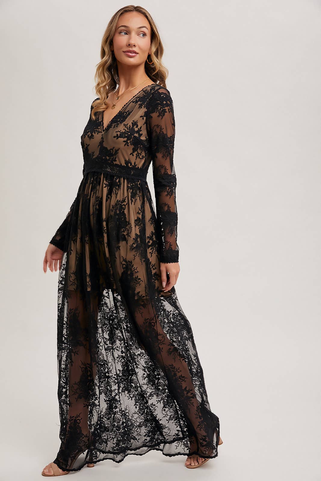 BOHO FLORAL BLACK LACE V-NECK MAXI DRESS WITH LINING by BluIvy available at Loudoun Boutique in Northern Virginia Leesburg