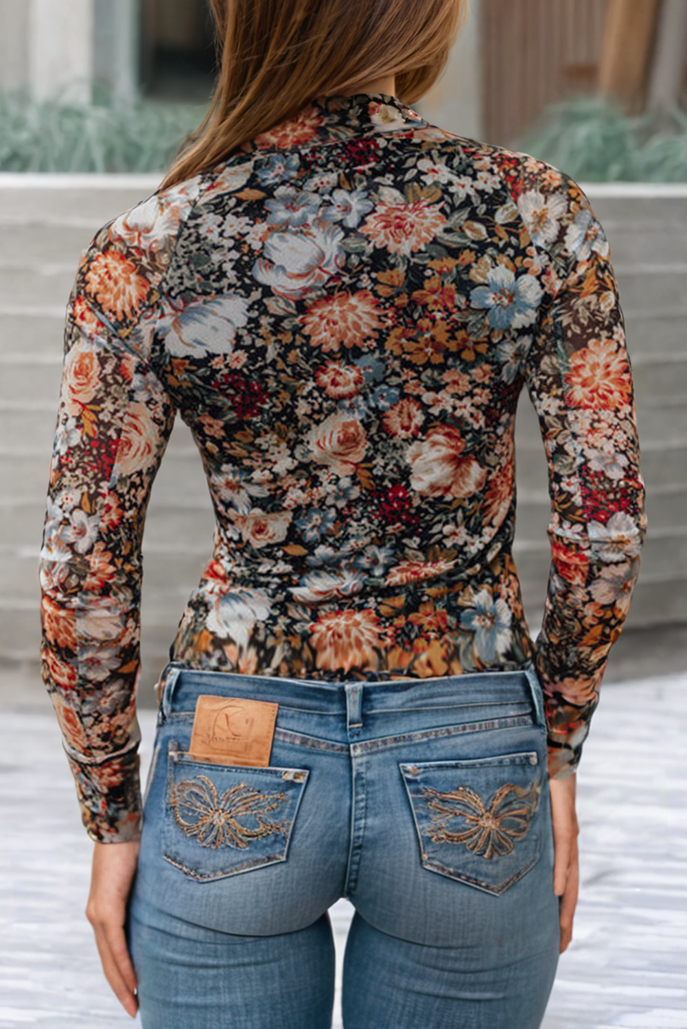 FLORAL PRINTED LONG-SLEEVED HIGH NECK MESH BLOUSE