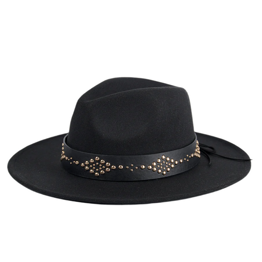 BLACK WIDE BRIM FEDORA WITH VEGAN LEATHER STUDDED BAND