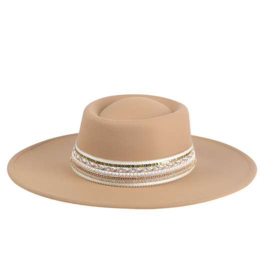 TAN COLORED WIDE BRIM HAT WITH BOHO BEADED BAND