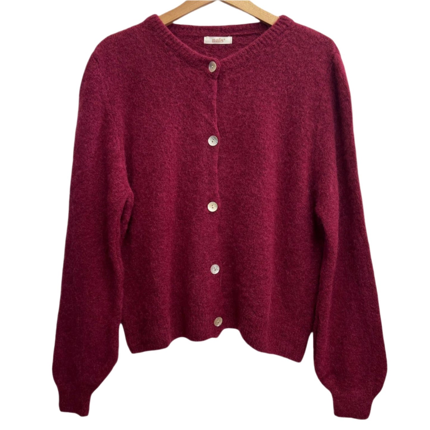 BORDEAUX SUPER FINE ALPACA SHORT BUTTON CREW NECK CARDIGAN BY NAIS PARIS