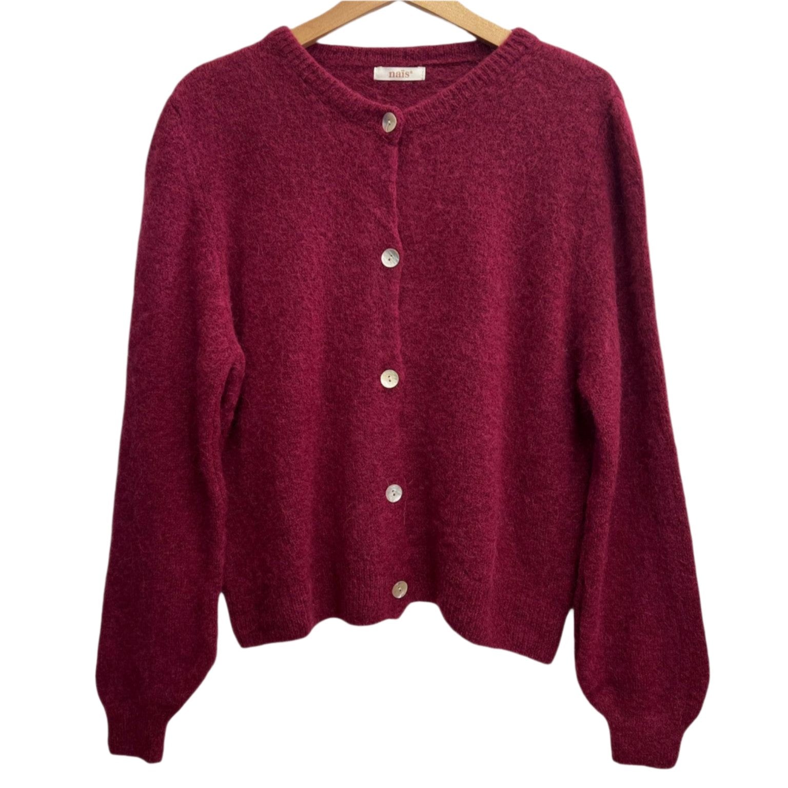 BORDEAUX SUPER FINE ALPACA SHORT BUTTON CREW NECK CARDIGAN BY NAIS PARIS