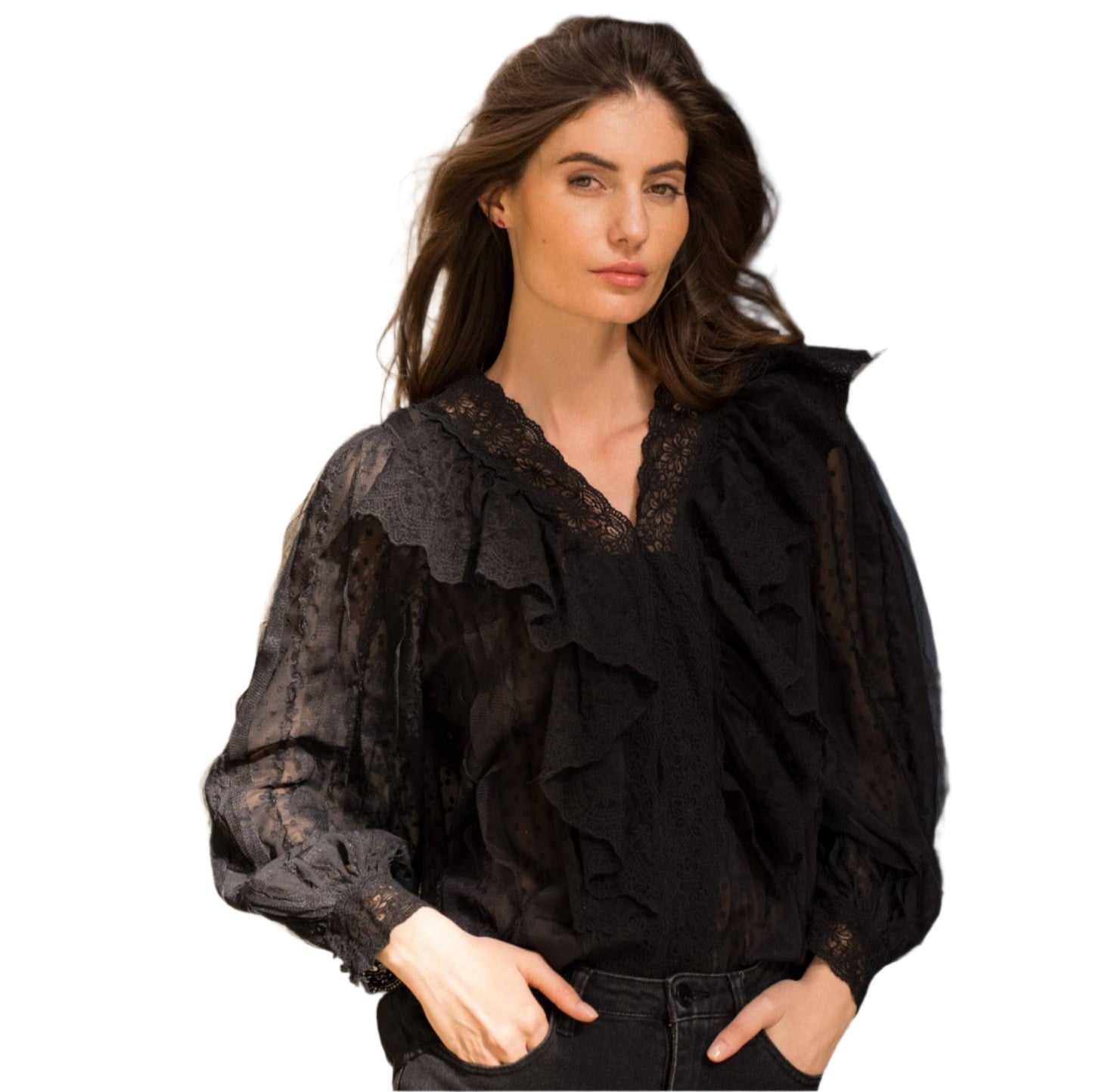 ELEGANT BLACK LACE BLOUSE WITH DESCENDING RUFFLED COLLAR BY CHOKLATE PARIS