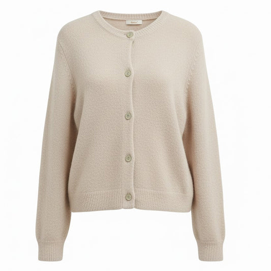 BEIGE SUPER FINE ALPACA SHORT BUTTON CREW NECK CARDIGAN BY NAIS PARIS