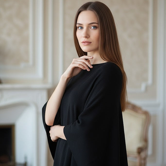 BLACK CASHMERE AND WOOL PONCHO SWEATER BY NAIS PARIS