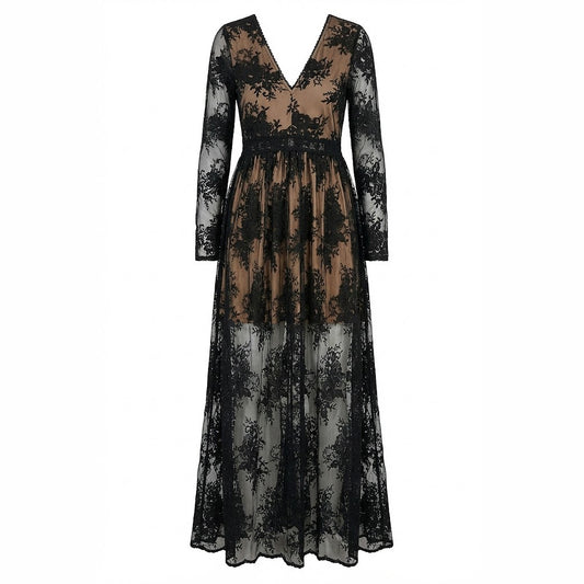 Long-sleeve dress with black and brown floral pattern on a white background