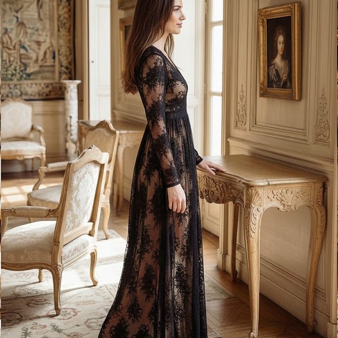 BOHO FLORAL BLACK LACE V-NECK MAXI DRESS WITH LINING by BluIvy available at Loudoun Boutique in Northern Virginia Leesburg