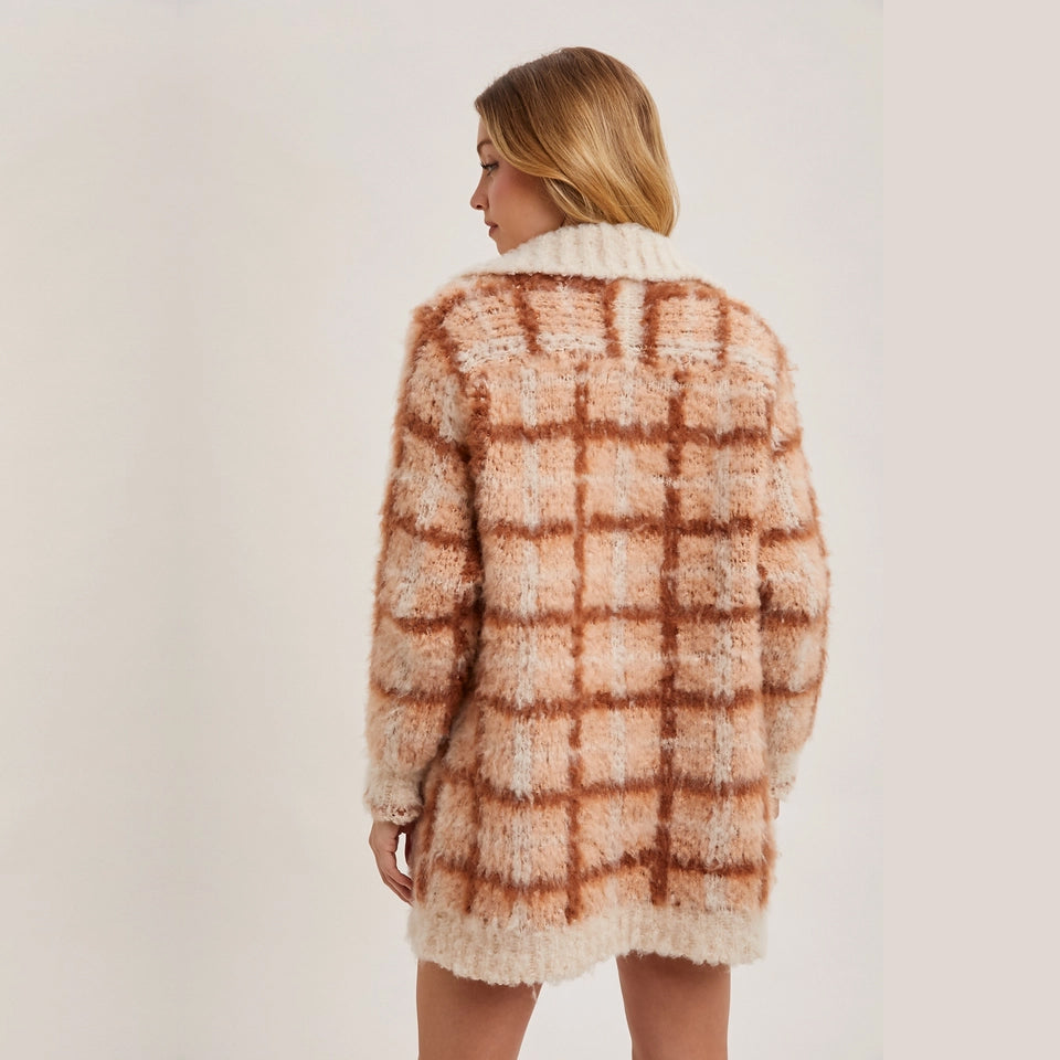 BUTTON DOWN PEACH PLAID SHERPA CARDIGAN JACKET BY BLUIVY