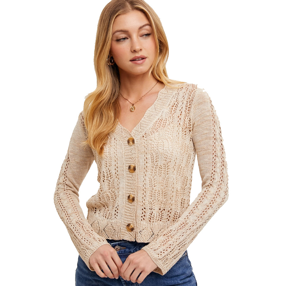 BUTTON DOWN SHEER BEIGE SWEATER KNIT CARDIGAN TOP BY BLUIVY