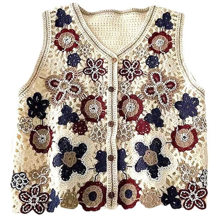 CROCHET SLEEVELESS BOHO FLORAL VEST IN WINE AND DARK GREEN