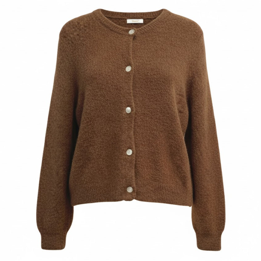 CHOCOLATE SUPER FINE ALPACA SHORT BUTTON CREW NECK CARDIGAN BY NAIS PARIS