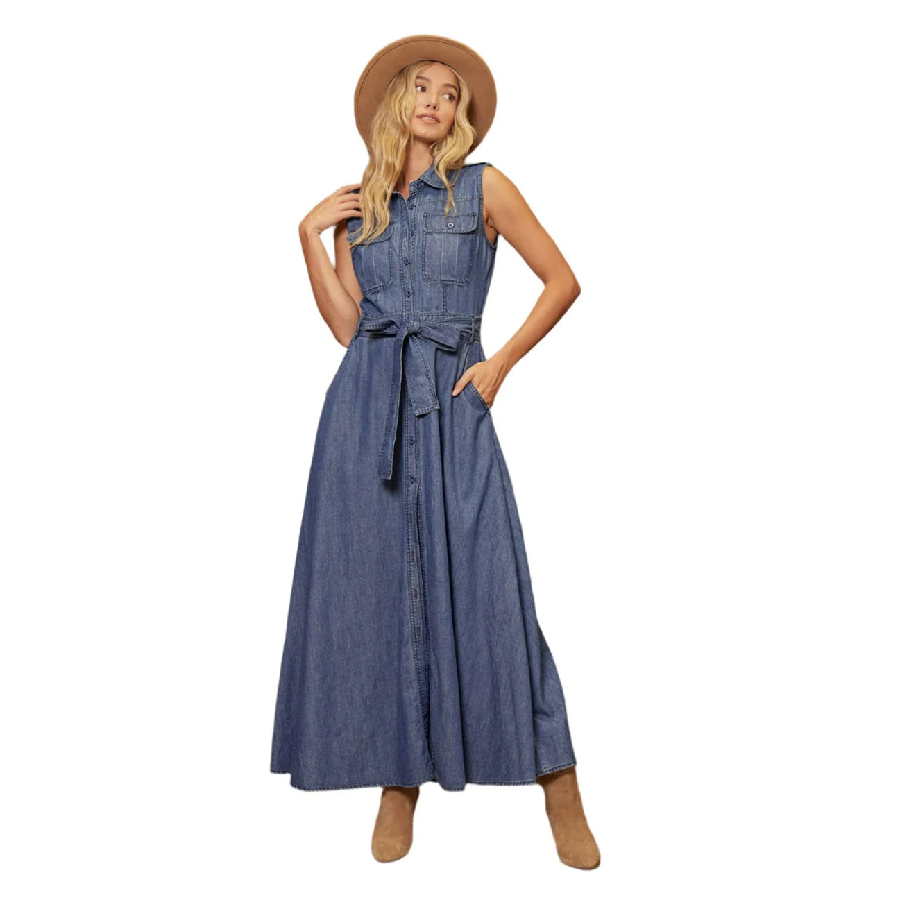 CUTE SLEEVELESS DENIM MAXI DRESS BY BLUIVY available at Loudoun Boutique for shoppers seeking unique stores in Leesburg