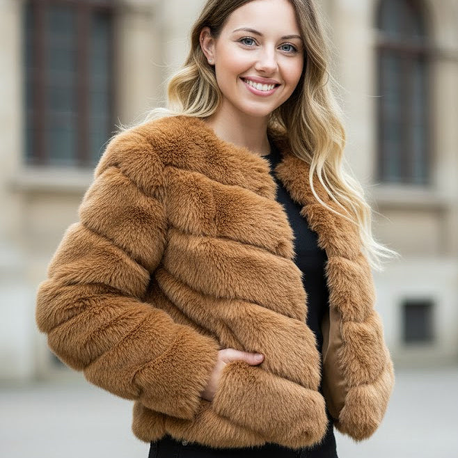 CAMEL COLORED CROPPED FAUX FUR JACKET BY CHOKLATE PARIS